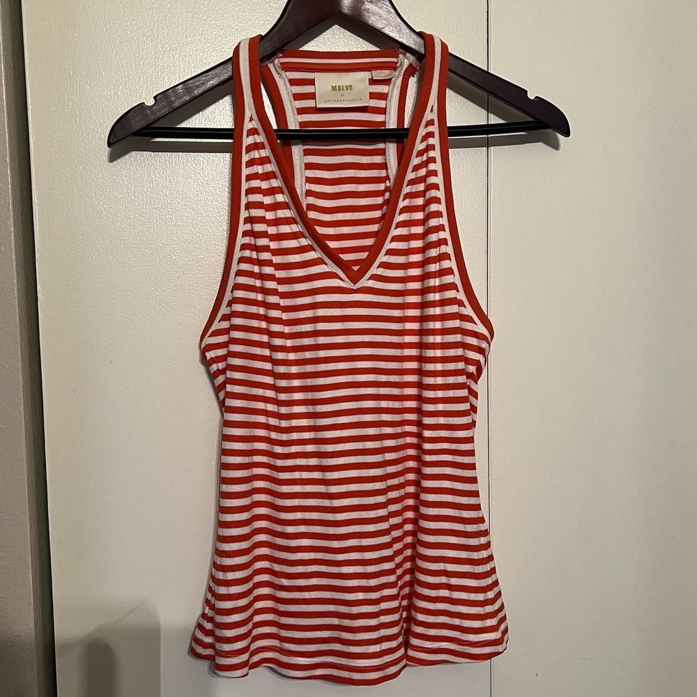 Anthropologie Maeve Striped Knit Racerback Tank Top V-Neck Orange White Size M